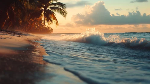 Low-angle tropical shoreline with backlit breaking waves at sunset