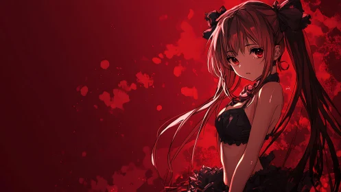 Crimson twilight girl poised in shadows of blooming scarlet.