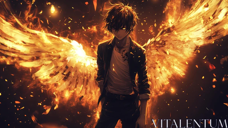 Fallen angel boy stands in blazing wings of golden fire