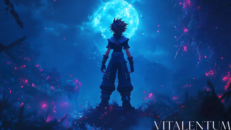 Anime hero under luminous moon in neon forest nightscape.