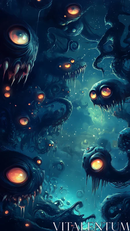 Bioluminescent abyss monsters swarm in dark alien ocean.