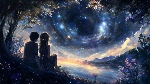 Couple sitting by lake under swirling starry galaxy sky.