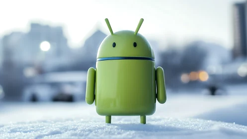 Friendly green android mascot exploring fresh winter snow.