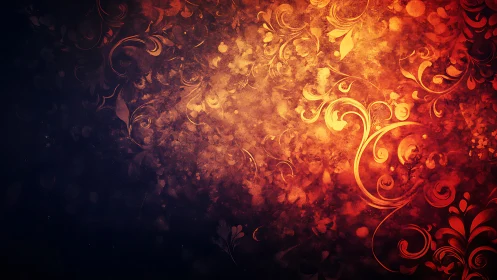 Ornamental floral swirls on dark red textured background.
