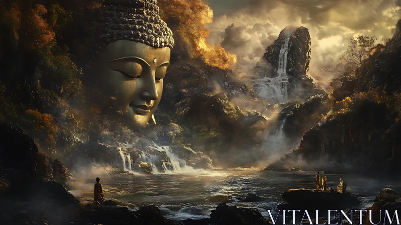 Colossal Buddha visage amid misty waterfalls and monks.