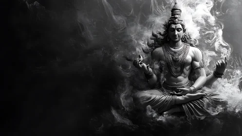 Monochrome seated deity figure surrounded by swirling smoke.