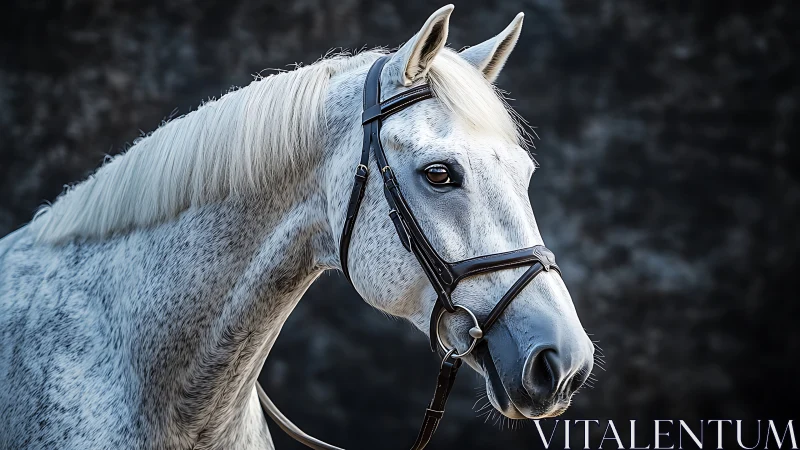 Graceful dapple grey horse portrait in bridle profile.