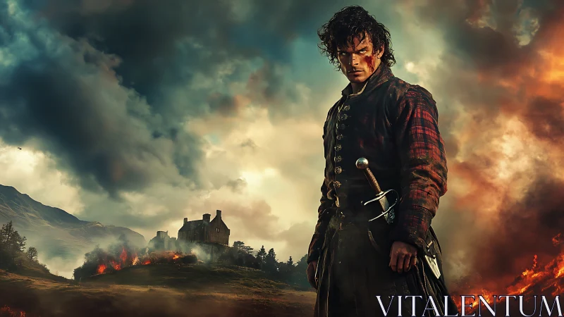 Storm-eyed highlander guarding a burning hill fortress.