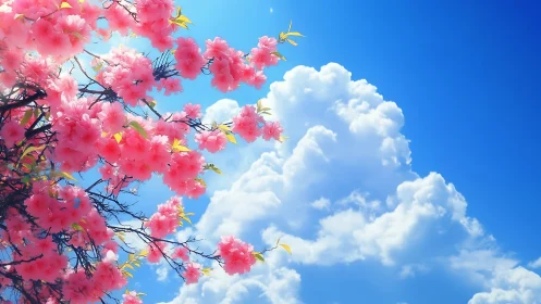 Pink Flowering Blossoms Against Blue Sky with Cumulus Clouds.