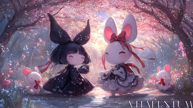 Chibi bunny companions under luminous cherry blossoms.