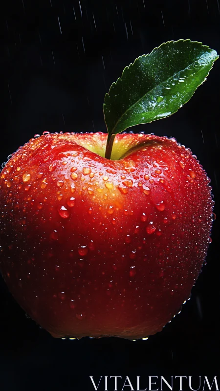 Red apple with water droplets is photographed against black