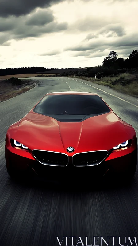 Red BMW sports car driving fast on empty rural highway.