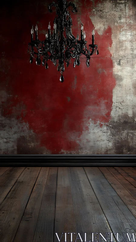 Black chandelier hangs before distressed red plaster wall