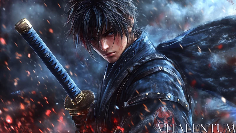 Brooding swordsman grips katana amid swirling sparks and smoke