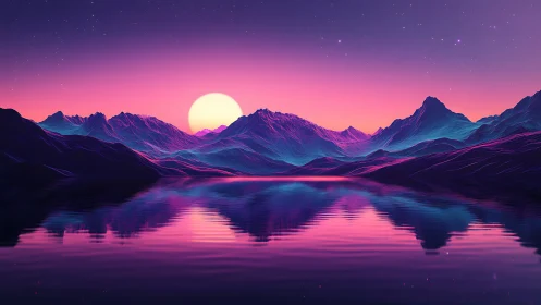 Neon sunset mountains mirrored on tranquil reflective lake.