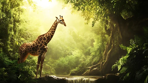 Sunlit giraffe pauses beside a tranquil jungle waterfall