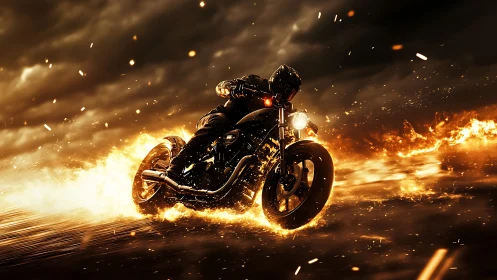 Motorcycle rider storms through blazing firestorm road.