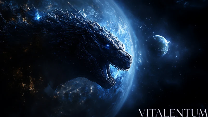 Colossal cosmic kaiju silhouette against luminous blue Earth.