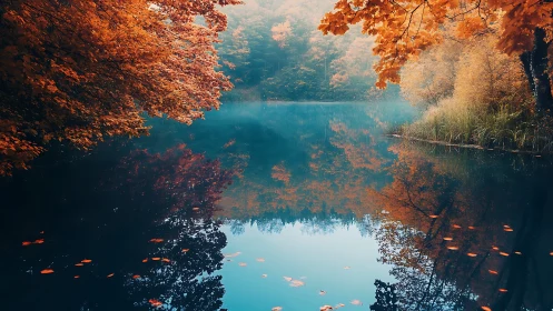 Autumn forest trees reflect sharply on calm blue lake surface