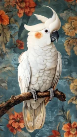 Sulphur-crested cockatoo on branch amid teal floral backdrop