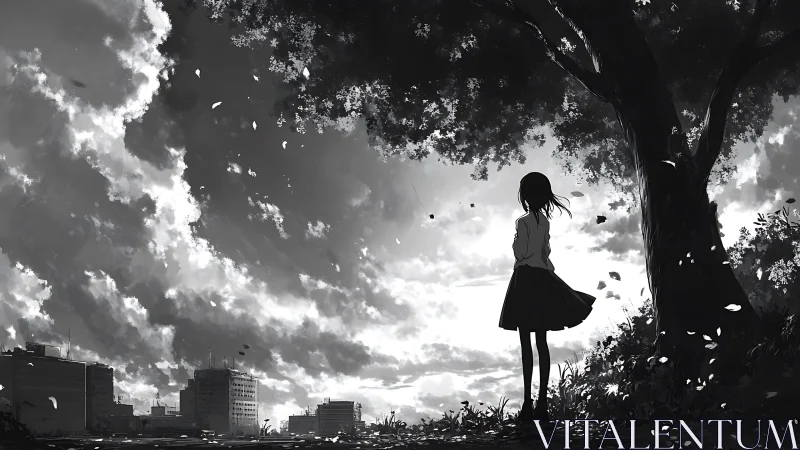 Solitary girl under tree overlooking distant cityscape.