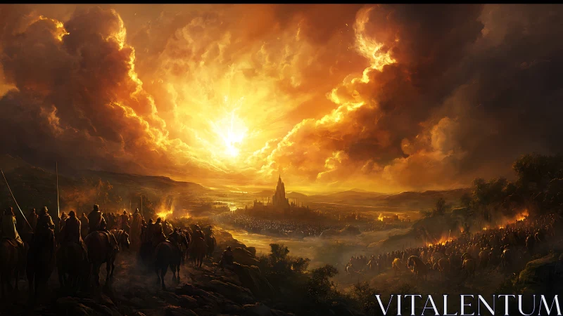 Distant fortified city is approached by opposing mounted armies