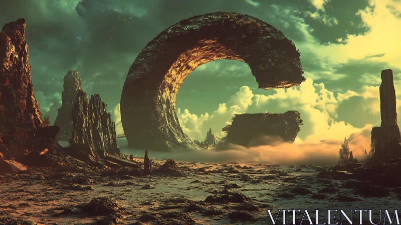 Colossal broken stone ring dominates alien wasteland sky