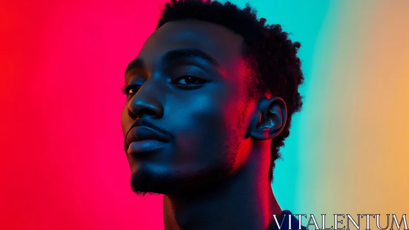 Portrait shows side-lit male subject against tricolor backdrop