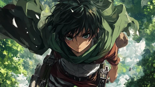 Determined anime scout charges through sunlit forest canopy.