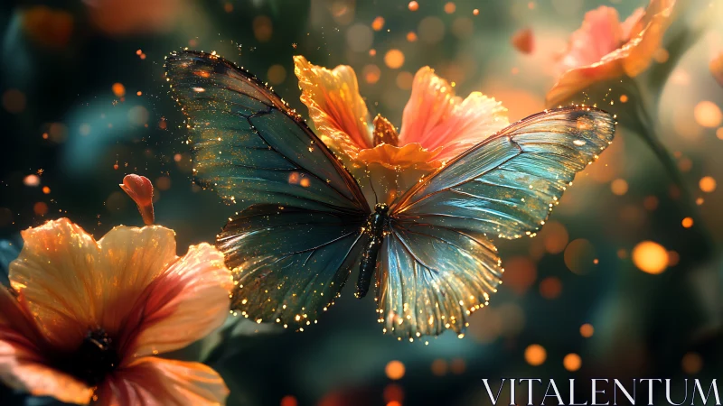 Iridescent butterfly with volumetric bokeh over orange hibiscus blooms