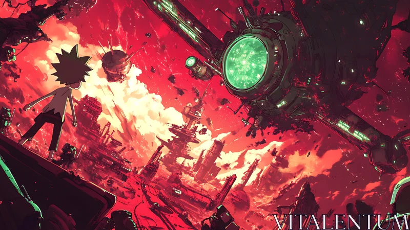 Wide-angle alien battlefield with green-core orbital megastructure