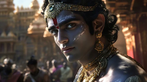 Moonlit blue prince in golden temple-bathed reverie.