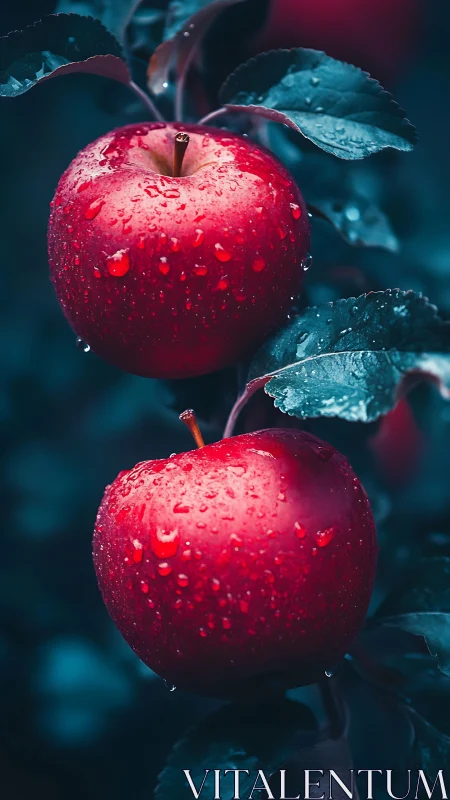 Macro study of dewy red apples with shallow depth of field lighting