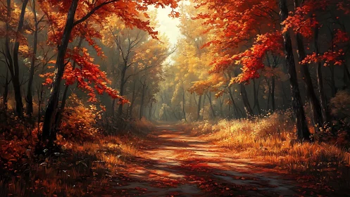 Atmospheric forest pathway rendered with volumetric lighting and saturated autumn foliage.