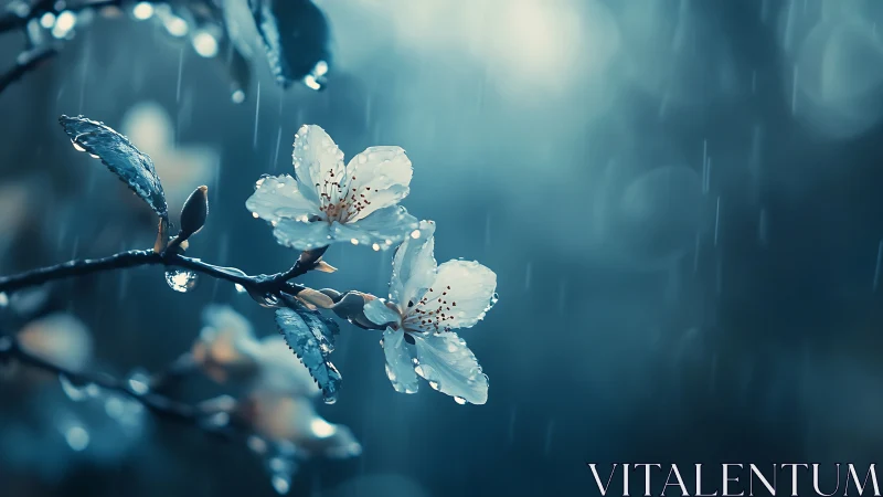 White blossoms with rain drops on dark branch.
