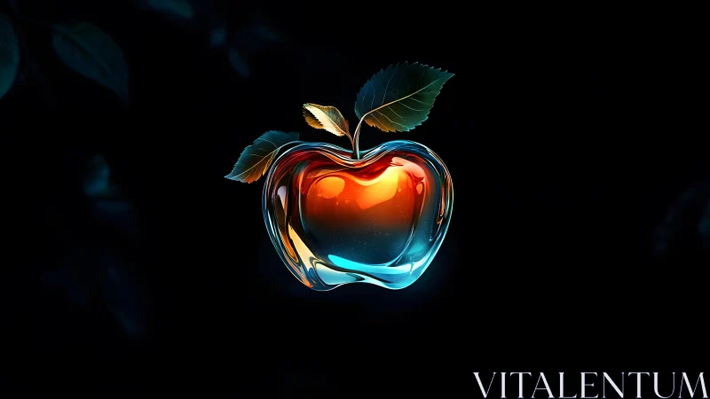 Futuristic glass apple with glowing highlights in digital art style.