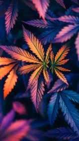 Multicolor cannabis leaves glow in vivid neon gradients.