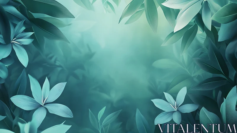 Teal botanical background with stylized leaves and flowers.
