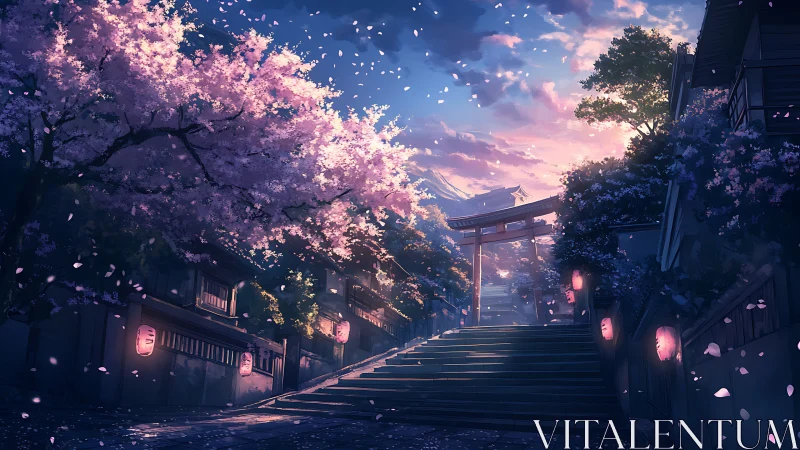 Twilight shrine steps under drifting cherry blossoms.