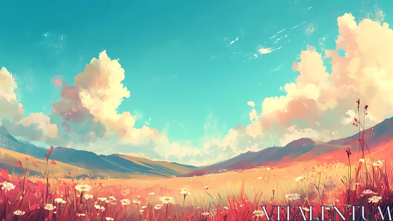 Vibrant wildflower field under bright clouds and sky.