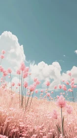 Cotton-candy grassland under cyan sky with volumetric clouds.