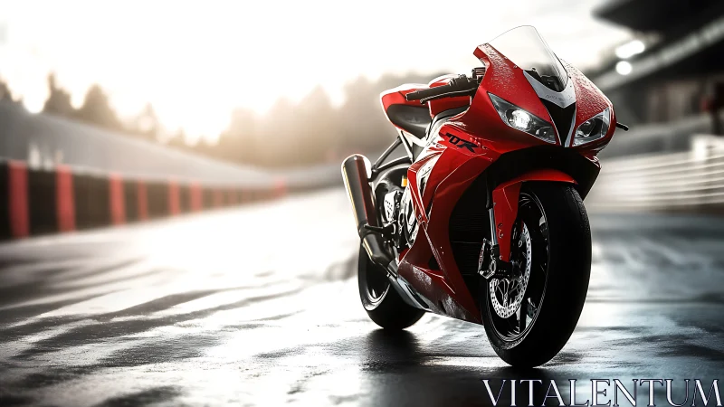 Red superbike stands on wet racetrack under bright backlight