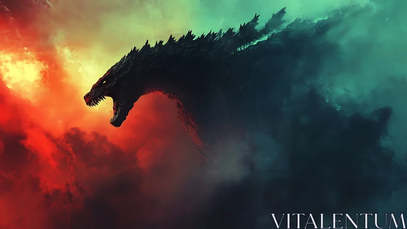 Colossal reptilian titan in bicolored atmospheric turbulence.