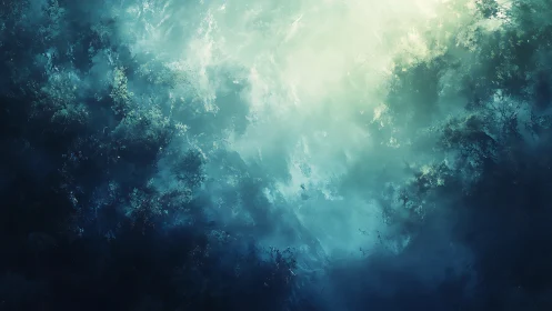 Luminous mist descends over shadowed forest canopy at dawn.