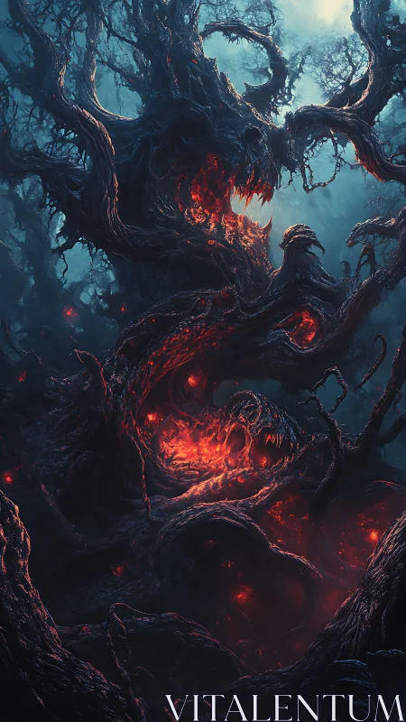 Twisted forest monster glowing with eerie embers and fury.