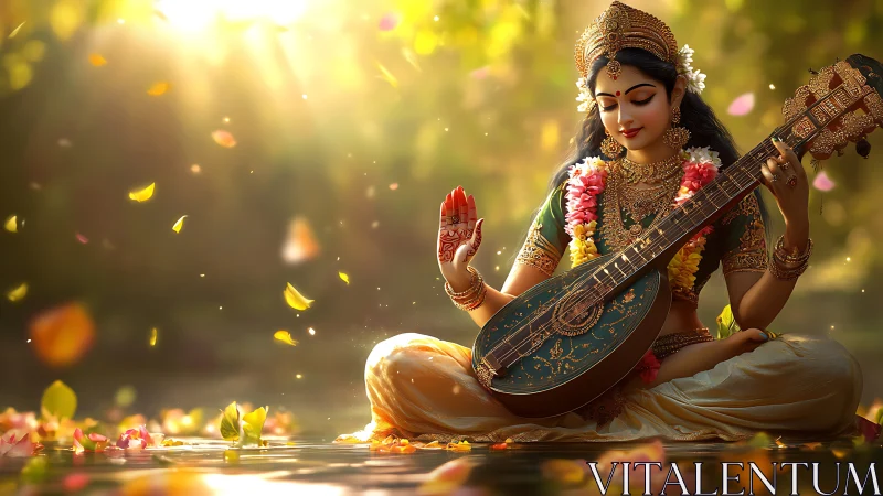 Divine musician goddess with veena in glowing garden light.