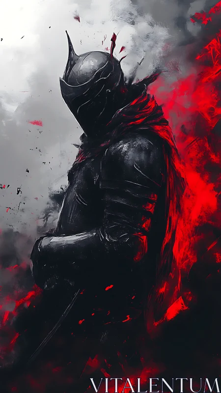 Armored dark knight in red-ember cloak amid ash clouds