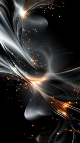 Liquid silver ribbons with glowing ember particles in void.