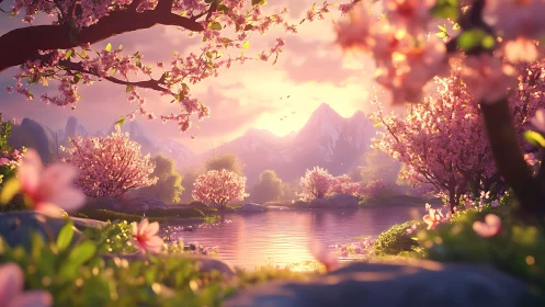 Sunset-illuminated cherry blossom lake with volumetric mountain light