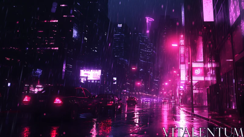Neon cyberpunk city street glows through heavy midnight rain.